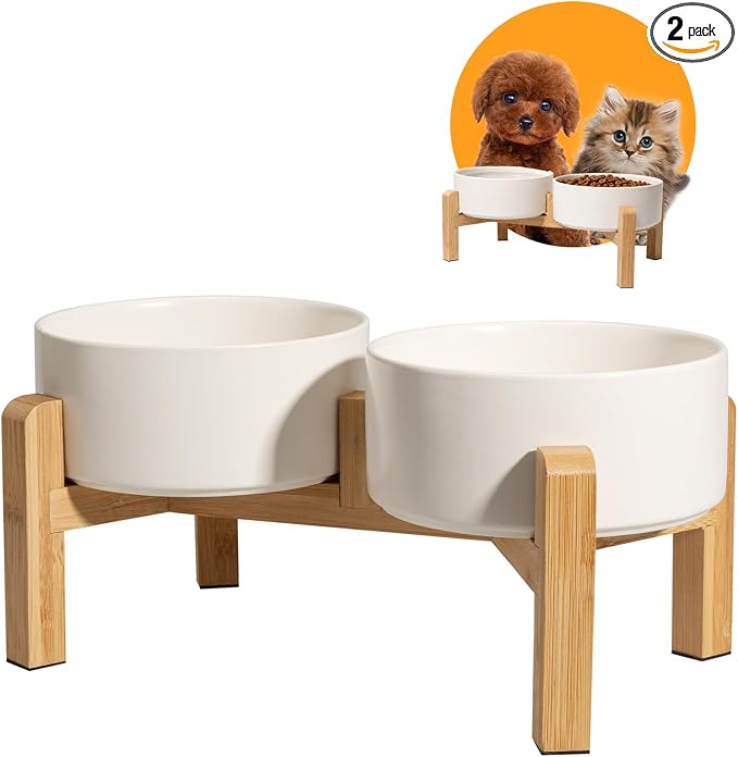 Elevated Ceramic Dog Bowl Set - Raised Feeding Bowls with Non-Slip Bamboo Stand - Small Pet Dishes for Food and Water - Ideal for Cats and Puppies - 16.23 OZ - 2 Cups - 480 ML | 5.1'' Double Dog Feeding Dishes, Non-Slip Raised Dog Feeder for Cats and P... by PTOBER