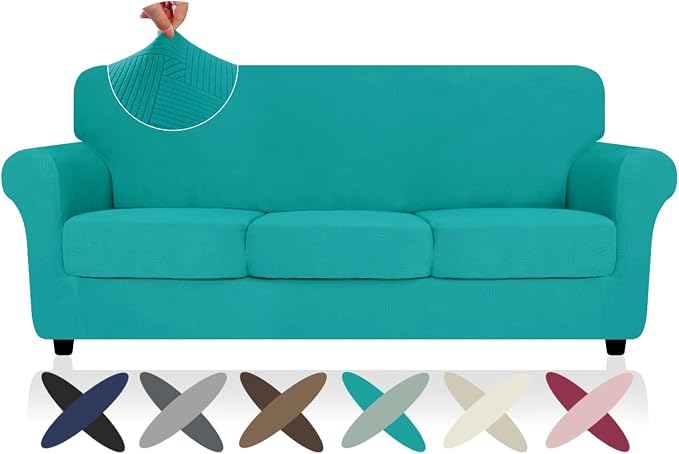 ZNSAYOTX 4 Piece Stretch Sofa Covers (71"-91"), Thick Striped Couch Covers for 3 Cushion Sofa with Elastic Band Bottom Ties Non-Slip Stay in Place, Soft Durable Washable Couch Slipcovers, Peacock Teal by ZNSAYOTX