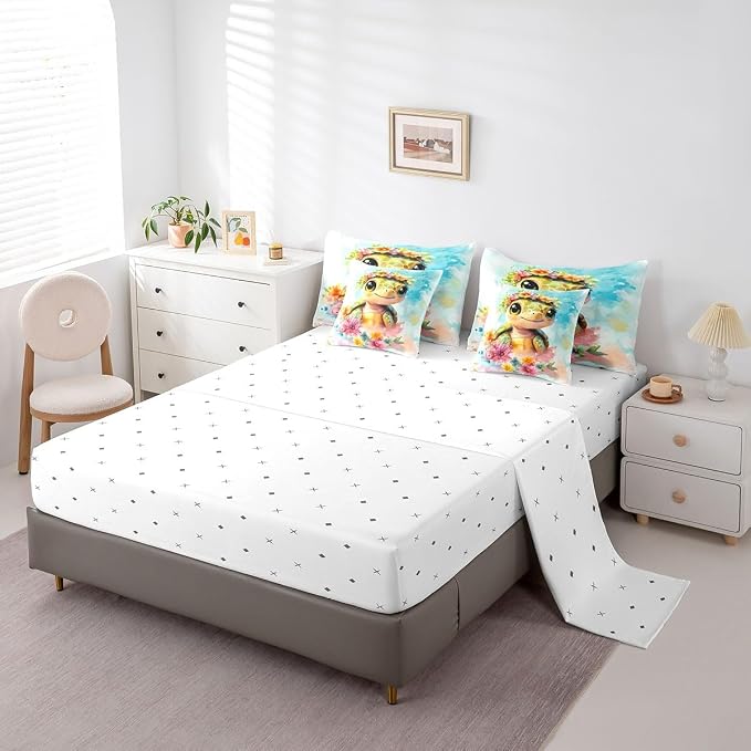 Erosebridal Kids Sea Turtle King Size 7-Piece Bedding Set, Marine Life Tortoise Bed in A Bag, Summer Blue Coastal Comforter Set with Sheets, Colourful Florals Bedding Comforter Sets - Image 4