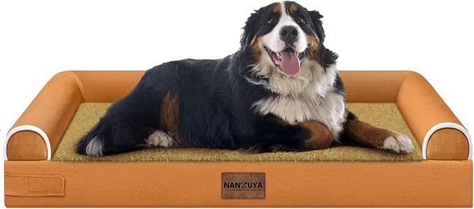 NANUYA Orthopedic Dog Bed for Jumbo Dogs, 53 x 42 Inch, Orange | Egg crate foam for joint support, 3-sided bolster pet sofa, waterproof lining, washable cover, and non-skid base by Nanuya
