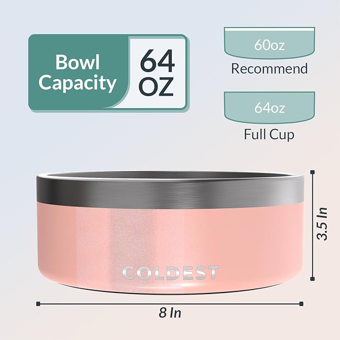 Coldest Dog Bowl - Anti Rust Metal, Non Slip, 3 Layers Insulated Stainless Steel Dog Bowls - Spill Proof & Heavy Duty - Water Bowl for Dogs, Cats & Pets, Dish Washer Safe (64 oz, Forever Pink Glitter) - Image 4