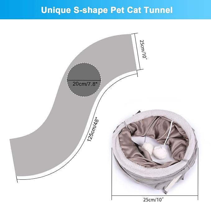 Ownpets S-Shape Cat Tunnel Toy 48"L x 10"D, for Cats, Puppies & Small Pets | Collapsible for storage, tear-resistant oxford fabric, connects to other tunnel, with peek hole, feather wand, indoor/outdoor - Image 7