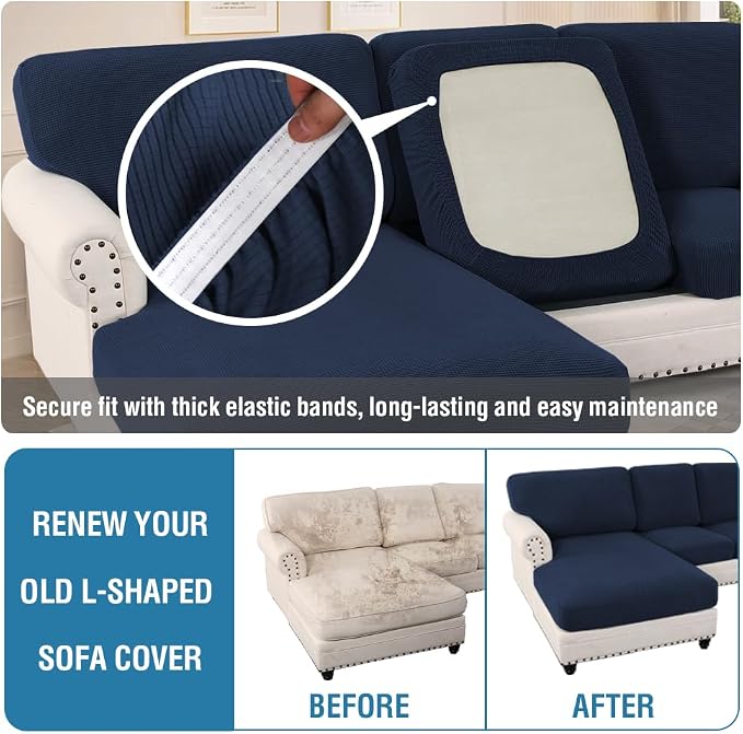 H.VERSAILTEX Sectional Couch Covers 8 Pieces Stretch Sofa Covers for Sectional Sofa Set Separate L Shaped Couch Cover for Both Left/Right Couch (Seat and Back: 1 Chaise + 3 Sofa, Navy) - Image 6