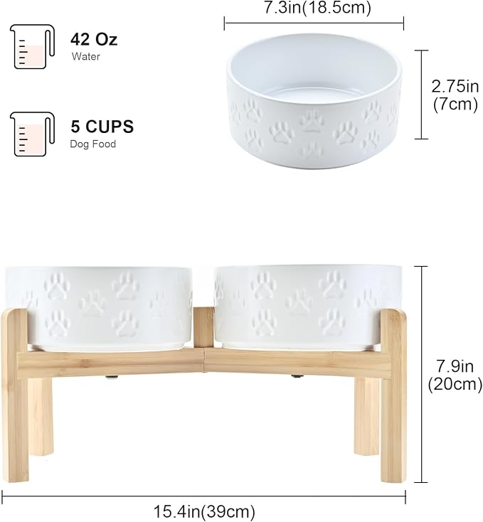 SPUNKYJUNKY Elevated Dog Bowls Ceramic, 7.3'' Dogs Food Water Bowls Raised with Non-Slip Bamboo Stand for Medium to Large Sized Breed Microwave Dishwasher Safe - 42 OZ,Paw White - Image 2