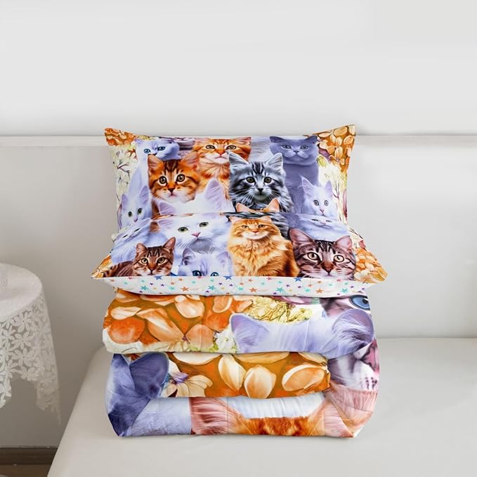 Feelyou Cats Comforter Set Cute Cat Animal Printed Bedding Set for Kids Boys Girls Pet Cat Design Comforter Lovely Floral Orange Quilt with 2 Pillowcases 3Pcs Bedding Full Boys - Image 5