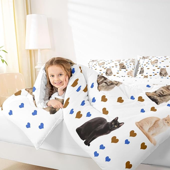Feelyou Cats Comforter for Women Kids Cute Cat Kawaii Bedding Bed Set Print Animals Comforter Set Child Pet Kitten Lover Hearts Quilt Collection 2Pcs Twin Size Boys - Image 7