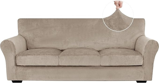 XINEAGE 4-Piece Velvet Sofa Cover,Couch Covers for Dog,Khaki | 3 Cushion Sofa,Stretch Non-slip Elastic, Pet-friendly, Washable, Fast Setup, Soft Plush Fabric, Furniture Protector. by XINEAGE
