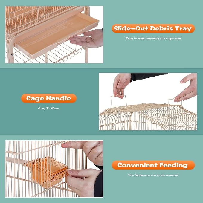 BestPet 64 inch Wrought Iron Bird Cage for Parakeets Medium Small Parrots Parakeet Cage with Detachable Rolling Stand & Play Open Top for Cockatiels Lovebird Finches Canaries (Almond) - Image 7
