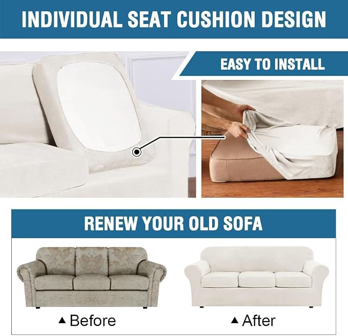 H.VERSAILTEX Real Velvet Plush 3 Piece Stretch Sofa Covers Couch Covers for 2 Cushion Couch Sofa Slipcovers Width Up to 90 Inch Feature Thick Soft Stay in Place (Sofa, Porcelain White) - Image 5