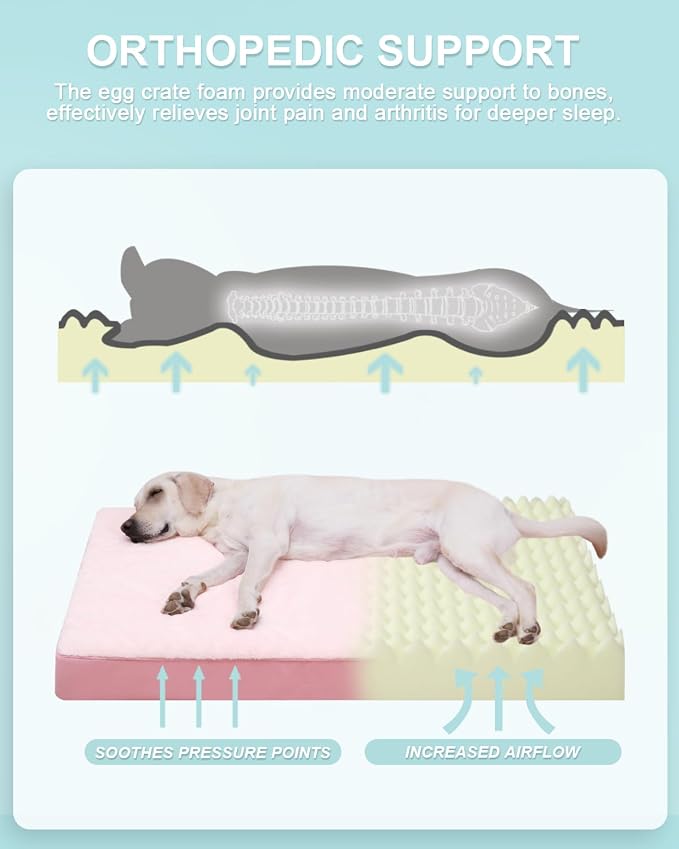 KSIIA Orthopedic Dog Bed for Large Dogs with Waterproof Lining, Pink, 35x22 | Deluxe Soft Plush Dog Crate Bed, Washable Pet Mat with Removable Cover & Egg Crate Foam for Large Dogs Sleeping & Relaxing - Image 2