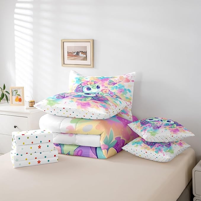 Erosebridal Kids Sea Turtle 7-Piece Bedding Set King Size, Marine Life Tortoise Comforter Set with Sheets, Watercolour Florals and Butterfly Bed in A Bag, Dreamy Aesthetic Bedding Comforter Sets - Image 5