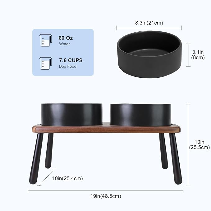 SPUNKYJUNKY Ceramic Elevated Dog Bowls Raised with Acacia Bamboo Wooden Stand, 8.3'' Dog Food Water Bowls Set Non-Slip for Medium Large Sized Breed Microwave Dishwasher Safe - 60 OZ,Black - Image 2