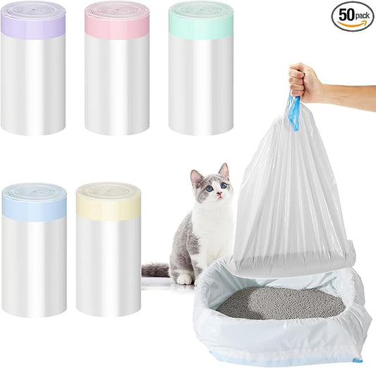 Tinlade 50 Count Jumbo Cat Litter Box Liners Large Drawstring Cat Litter Liners Bags Unscented Tear Resistant for Trash Waste to Keep Your Home Clean(39 x 22 Inch,White, Multicolor) by Tinlade