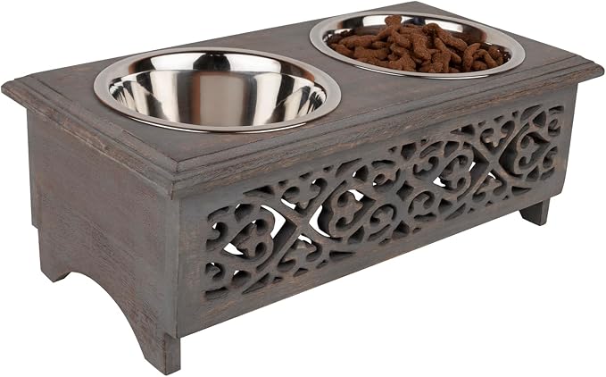 GoCraft Raised Dog Bowls for Small Dogs | Elegant Farmhouse Grey Washed Elevated Wooden Stand Feeder with 2 Stainless Steel Bowls for Your Pet Food & Water - Image 2