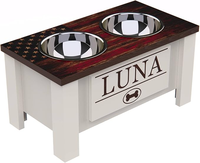 Elevated Dog Bowls, Personalized Raised Dog Bowl Stand for Medium Dogs | Farmhouse Style, Elevated Wood Stand, Storage Container, Stainless Steel Bowls, Raised Anti-Slip Feeder, Made in USA by GrooveThisWoodshop