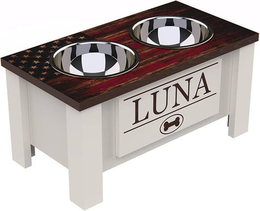 Elevated Dog Bowls, Personalized Raised Dog Bowl Stand for Medium Dogs | Farmhouse Style, Elevated Wood Stand, Storage Container, Stainless Steel Bowls, Raised Anti-Slip Feeder, Made in USA by GrooveThisWoodshop