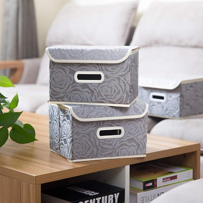 PRANDOM Collapsible Storage Boxes with Lids Fabric Decorative Storage Bins Cubes Organizer Containers Baskets with Cover Handles Divider for Bedroom Closet Living Room 9.8x7.9x6.7 Inch 3 Pack - Image 3