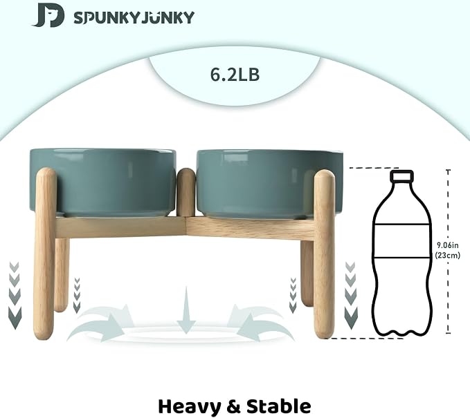 SPUNKYJUNKY Ceramics Elevated Dog Feeding Stand with Wooden Base - Double 60oz Bowls for Medium Large Dogs (Dark Green) - Image 5