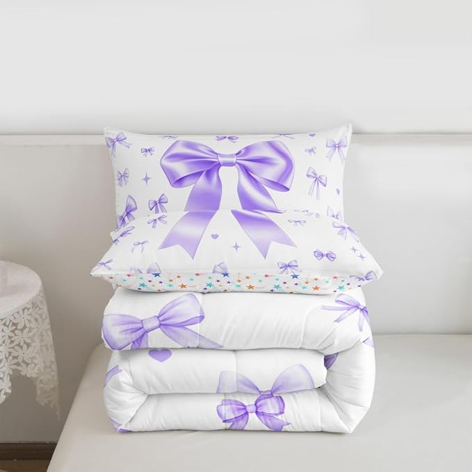 Manfei Purple Bowknot Comforter Set Queen Size,Cute Preppy Ribbon Bow Down Alternative Adults Room Decor,Preppy Trendy Kawaii Coquette Ultra Soft Microfiber Inner Fill 3Pcs Bedding - Image 6