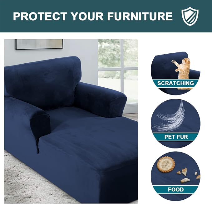 FantasDecor Velvet Chaise Lounge Cover Stretch Double Arm Chair Slipcover for Living Room Bedroom Soft Plush Fabric Machine Washable, Navy - Image 5