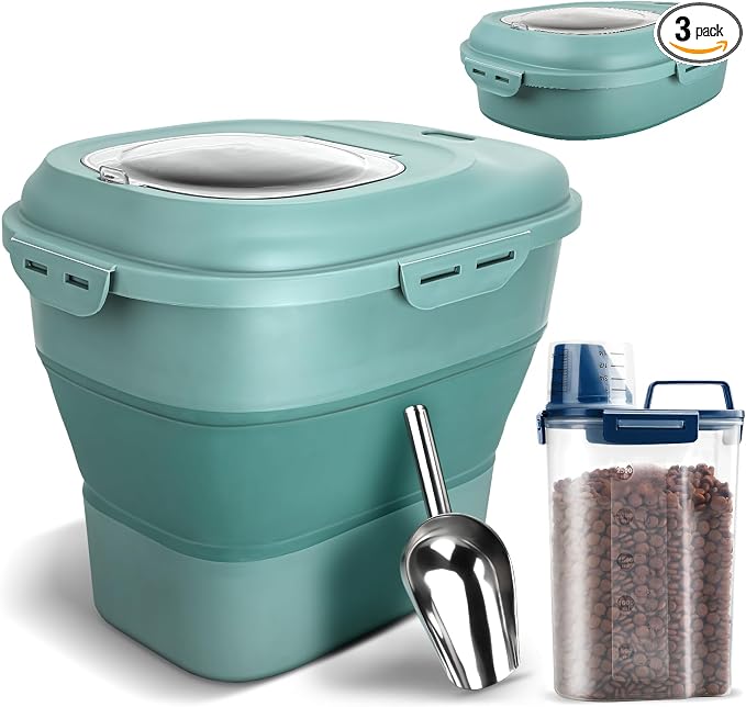 TIOVERY Dog Food Storage Container, Airtight Collapsible 13lb to 30lb Pet Food Container with Flip Top, Rolling Wheel, Scoop and 3L small container for Dog Cat Food and Dry Food of Rice, Flour by TIOVERY