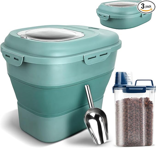 TIOVERY Dog Food Storage Container, Airtight Collapsible 13lb to 30lb Pet Food Container with Flip Top, Rolling Wheel, Scoop and 3L small container for Dog Cat Food and Dry Food of Rice, Flour by TIOVERY