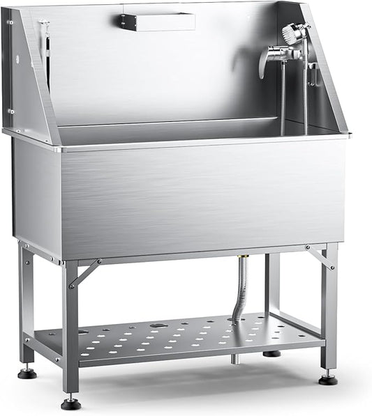 38" Dog Washing Station, Professional Stainless Steel Dog Grooming Tub Dogs Bathtub for Large & Medium Dogs, Height Adjustable Dog Bathing Station with Storage Basket, Faucet and Spray Head by POOAMY