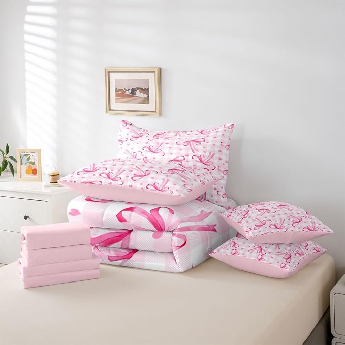 Erosebridal Pink Bow 7 Piece Comforter Set Twin Bowknot Ribbon Bedding Set for Girls Coquette Room Decor Plaid Grid Heart Pattern Bed in A Bag Bowtie Princess Soft Cozy Sheet Set with Comforter - Image 6