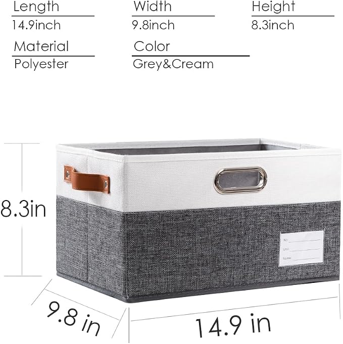 PRANDOM Foldable Storage Bins with Handles [3-Pack] Fabric Collapsible Storage Boxes Baskets Cubes Containers with Handles for Closet Living Room Bedroom (Grey & White 14.9x9.8x8.3'') - Image 4
