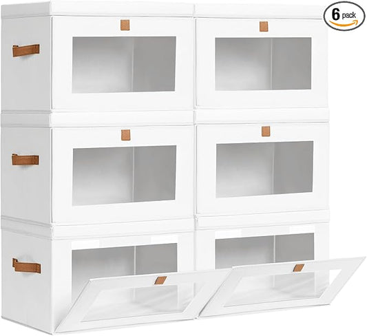 Homsorout Large Clothing Storage Bins - Collapsible Boxes with Handles & Window, Decorative Organizer Bins with Lids, Fabric Containers for Living Room, Dorm, 6 Pack, White by Homsorout