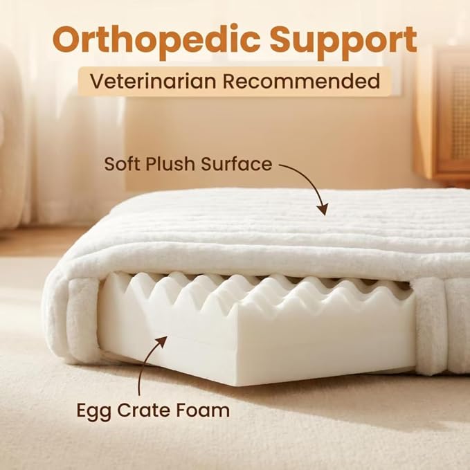 Dog Beds for Medium Small Dogs, Orthopedic High Density Egg Crate Foam Pet Bed with Waterproof Liner, Ribbed Plush with Washable Cover & Durable Edges, M (29.1"x19.7"), Cream - Image 4