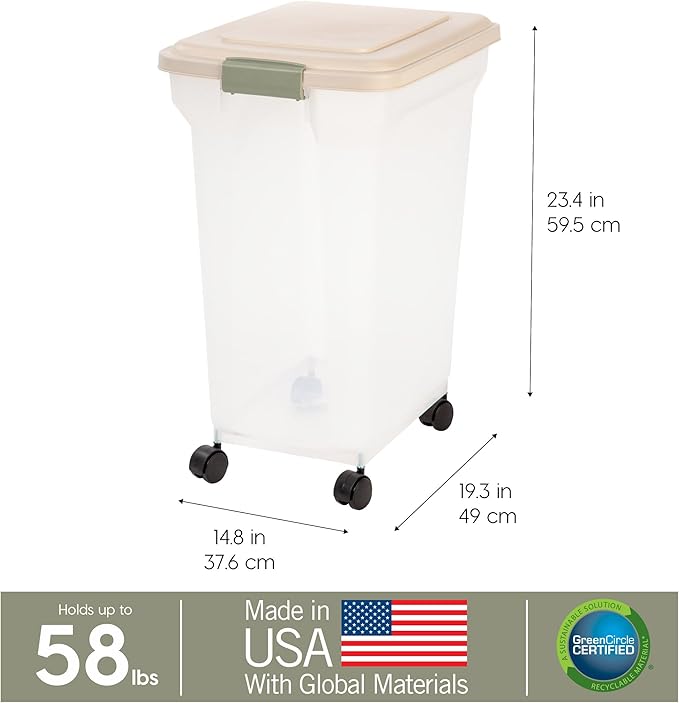 IRIS USA Dog Food Storage Container 58 lbs, Attachable Wheels, for Dog Cat Birds and other Pets, Food Storage Bin, Keep Fresh, Easy Mobility, BPA Free - Made in the USA, Almond/Clear - Image 3