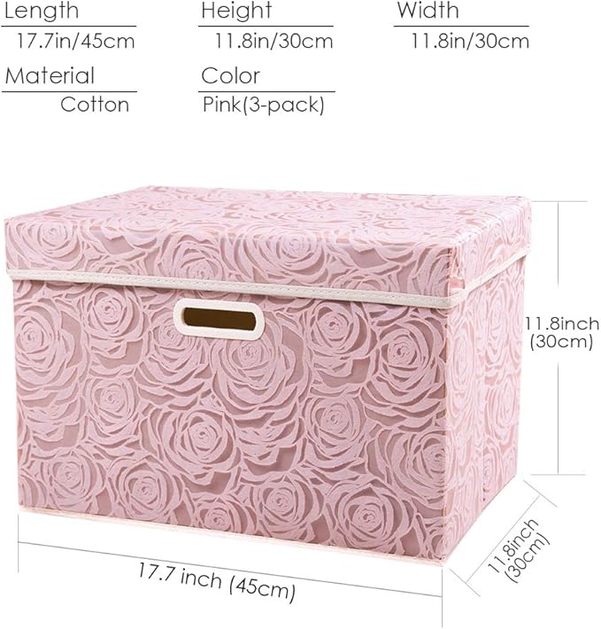 PRANDOM Larger Collapsible Storage Boxes with Lids Fabric Decorative Bins Cubes Organizer Containers Baskets Handles Divider for Bedroom Closet Living Room Pink 17.7x11.8x11.8 Inch 3 Pack - Image 7