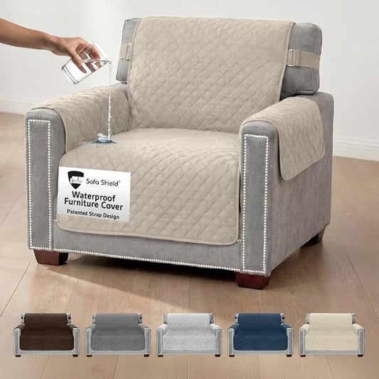 Sofa Shield 100% Waterproof Couch Cover with Patented Straps, Slip & Stain Resistant Furniture Protector, Machine Washable Sofa Slipcover for Dogs Cats Pets Kids, 23 inch Seat, Armchair, Taupe by SofaShield
