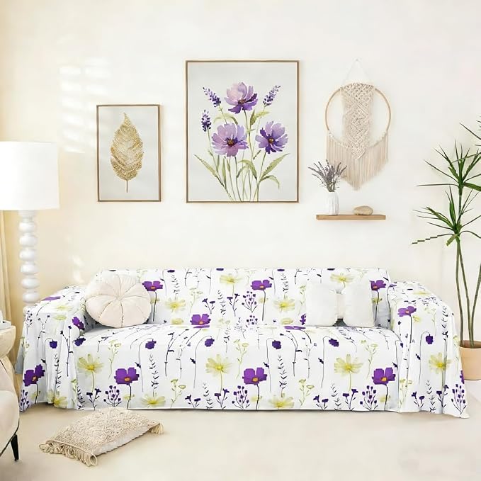 Erosebridal Watercolor Floral Sofa Cover Purple Yellow Flower Couch Cover Modern Minimalist White Sofa Slipcover for Pets, Kids, Dog Rustic Farmhouse Washable Non Slip Couch Protector 71" X 134" by Erosebridal