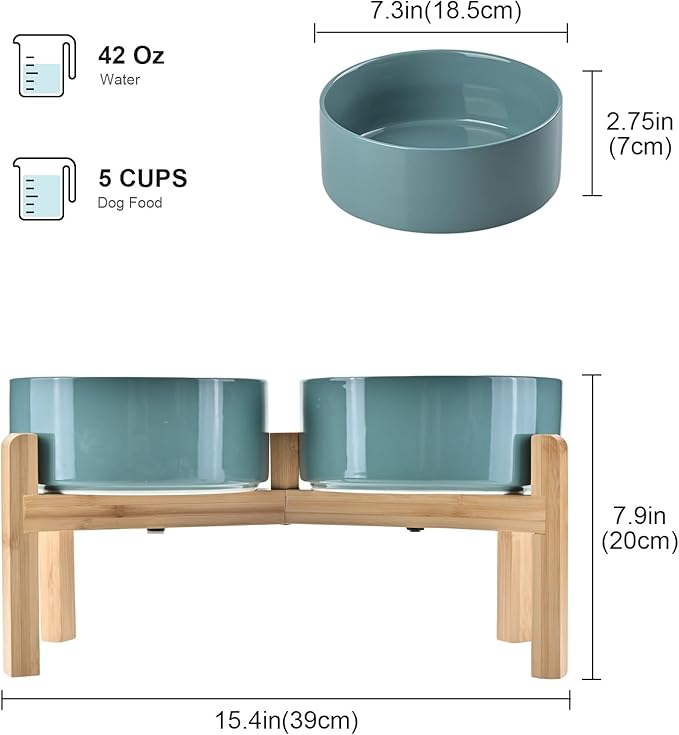 SPUNKYJUNKY Elevated Dog Bowls Ceramic, 7.3'' Dogs Food Water Bowls Raised with Non-Slip Bamboo Stand for Medium to Large Sized Breed Microwave Dishwasher Safe - 42 OZ,Dark Green - Image 2