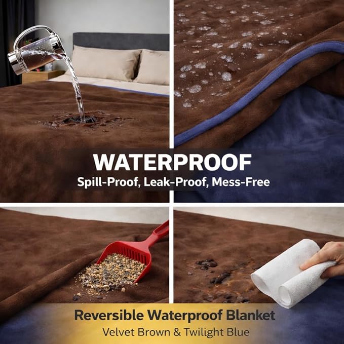 Queen Size Waterproof Blanket – Stain-Proof, Spill-Proof Flannel Blanket for Bed, Couch, Kids & Pets Protection, Reversible Splash-Proof Design (Velvet Brown & Twilight Blue, 80x90) - Image 5