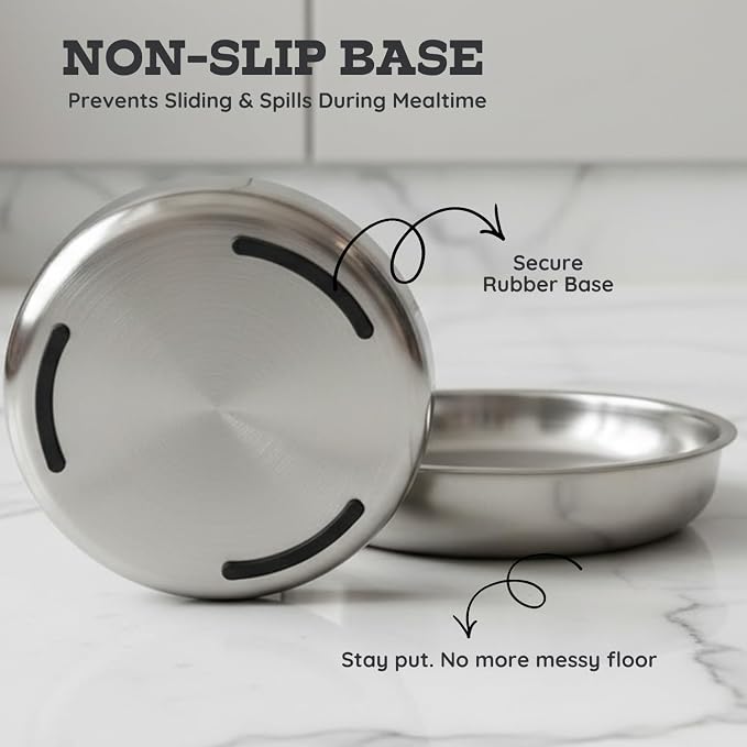 Stainless Steel Cat Food Bowl, 16 oz / 2 Cup Each, Heavy Duty Double Wall Insulated, Shallow Whisker-Friendly Design, Non-Slip Flat Base Dish for Cats & Kittens, D/W Safe (Pack of 2) - Image 8
