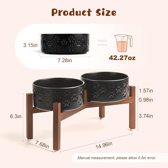 SPUNKYJUNKY Ceramic Elevated Dog Bowl Set with Acacia Wood Stand for Food and Water for Medium Dogs (42.27 OZ, Black, Dog Paw Pattern) - Image 2