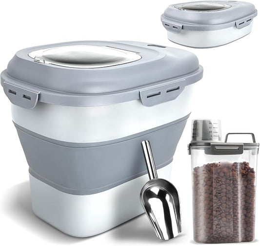 TIOVERY Dog Food Storage Container, Airtight Collapsible 13lb to 30lb Pet Food Container with Flip Top, Rolling Wheel, Scoop and 3L small container for Dog Cat Food and Dry Food of Rice, Flour by TIOVERY