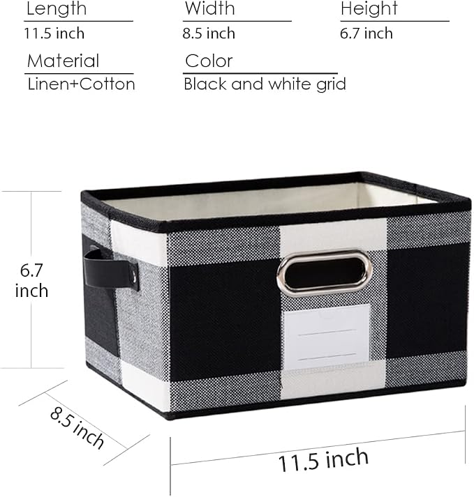 PRANDOM Fodable Storage Bins for Closet [3-pack] Decorative Fabric Storage Baskets Cubes with Leather/Metal Handles for Shelves Bedroom Living Room Black and White Grid (11.5x8.5x6.7 Inch) - Image 3