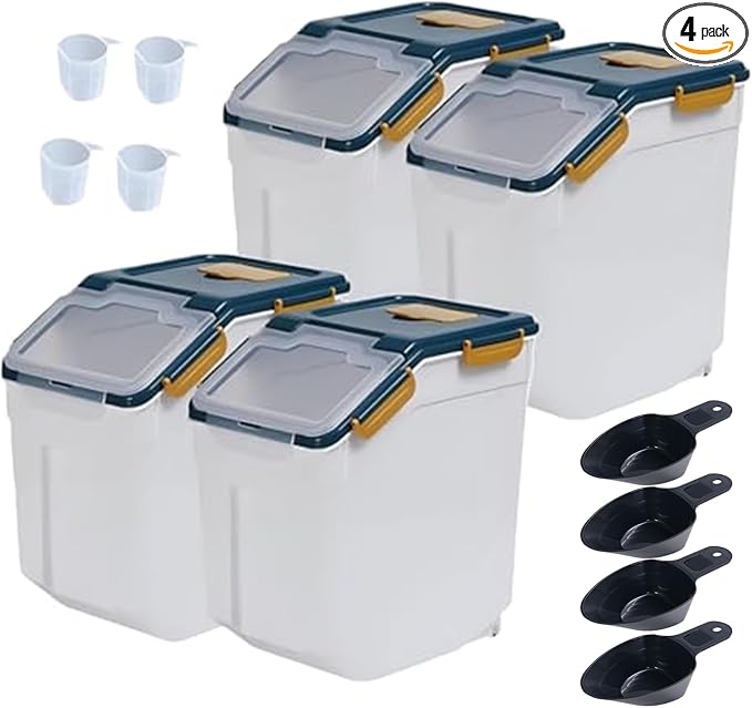 Large Flour Storage Container Bin 25lb, 4Pack Airtight Rice Storage Containers with Wheels Seal Locking Lid, BPA Free with Measuring Cup&Scoop for Flour, Rice, Grain(Blue) by Begino