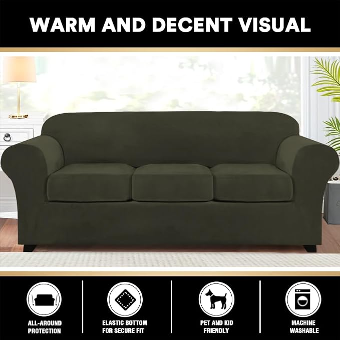 PrinceDeco Velvet Couch Covers for Sofa Soft 4 Pieces Couch Covers for 3 Cushion Couch Sofa Pet Friendly Furniture Protector with Non Slip Elastic Bottom Width Up to 97 Inch (Large Sofas, Olive) - Image 3