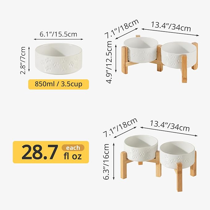 Elevated Ceramic Dog Bowl Set, Anti-Skid Bamboo Stand, White, 6.1 inch | Food and Water Bowls with Fixed Non-Slip Rubber Ring, Microwave Safe, Easy to Clean, 3.5 Cup per Bowl, for Small Breed Dogs - Image 3