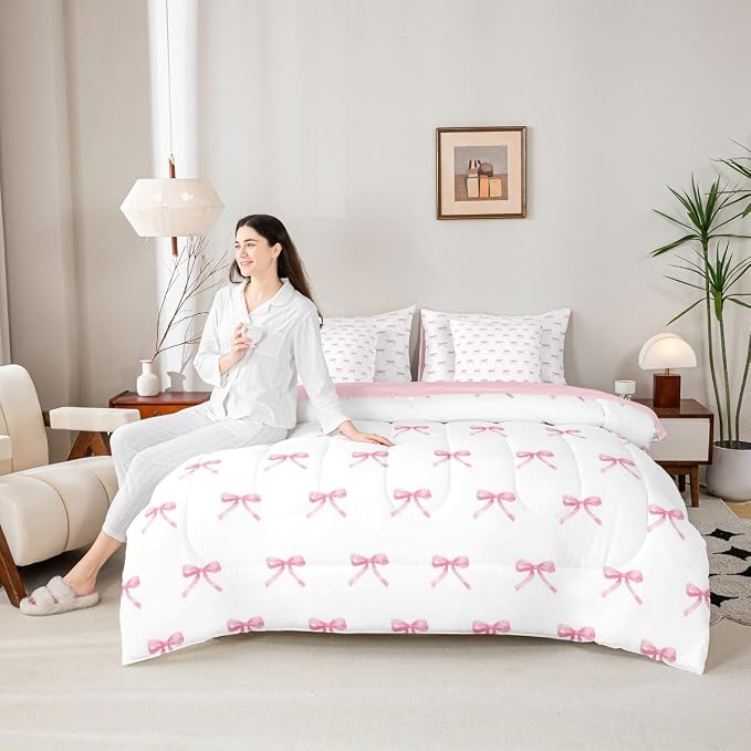 Erosebridal 7 Pieces Pink Bow Comforter Queen,Kids Cartoon Bowknot Butterfly Knot Princess Bedding Set for Girls,Dreamy Watercolor Ribbons Bow Tie Sheets with Pillowcases + Pillow Covers,Pink White - Image 4