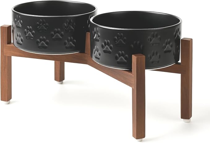 SPUNKYJUNKY Ceramic Elevated Dog Bowl Set with Acacia Wood Stand for Food and Water for Medium Dogs (42.27 OZ, Black, Dog Paw Pattern) by SPUNKYJUNKY