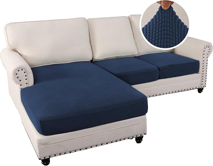 H.VERSAILTEX Sectional Couch Covers 3 Pieces Sofa Seat Cushion Covers L Shape Separate Cushion Couch Chaise Cover for Both Left/Right Sectional Couch (Seat Only: 1 Chaise + 2 Sofa, Navy) - Image 2