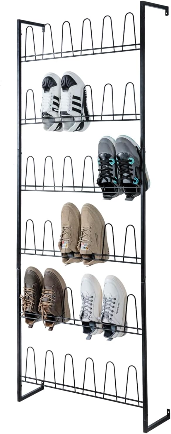 MyGift 70 Inch Black Metal Wall Mounted Shoe Rack with 36 Hooks | Holds 18 Pairs, Efficient Vertical Design, 36 Hanging Points, Slim Profile, Small Space Solution, Easy Access Setup by MyGiftHome