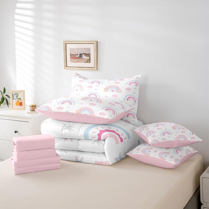 Feelyou Cute Rainbow 7 Piece Bedding Set Pink Blue Comforter Set with Sheets for Kids Boys Girls Star Print Bed in a Bag Cartoon Cute Bed Set Soft Lightweight - Image 5