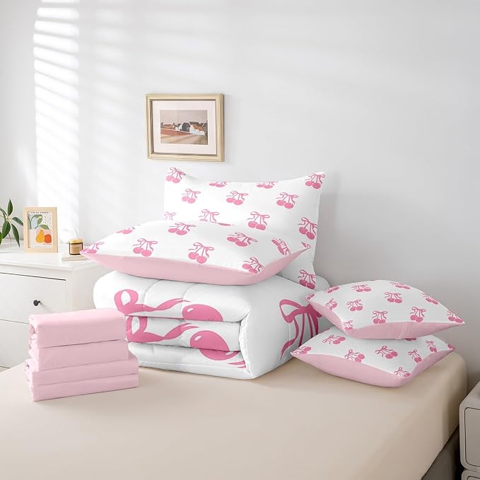 Erosebridal 7 Piece Pink Bowknot Kids Comforter Set King Bed in a Bag,Dreamy Princess Style Bedding Set for Girls Women Girlfriend,Girly Cherry Bows Sheet Set,Cartoon Bow Tie Duvet Insert - Image 6